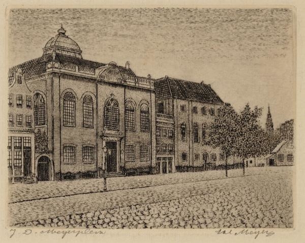 De Hoogduitse- en Nieuwe Synagoge. Gezicht op de Hoogduitse- en Nieuwe Synagoge, Jonas Daniël Meijerplein 2 en 4, voorheen Deventer Houtmarkt of Muidergracht. <br />Datering: ongeveer 1920.<br />bron: Beeldbank, Stadsarchief Amsterdam. 