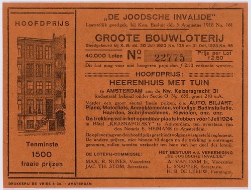 Lloterijbriefje Joodsche Invalide. Voorgevel van de Nieuwe Keizersgracht 31. Hoofdprijs van de bouwloterij "De Joodsche Invalide", datering 1923. Bron: Beeldbank, Stadsarchief Amsterdam. 
