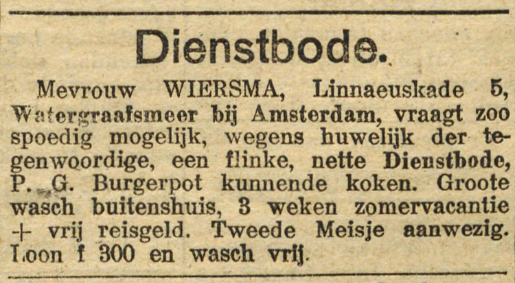 04 mei 1920 - Dienstbode gezocht  