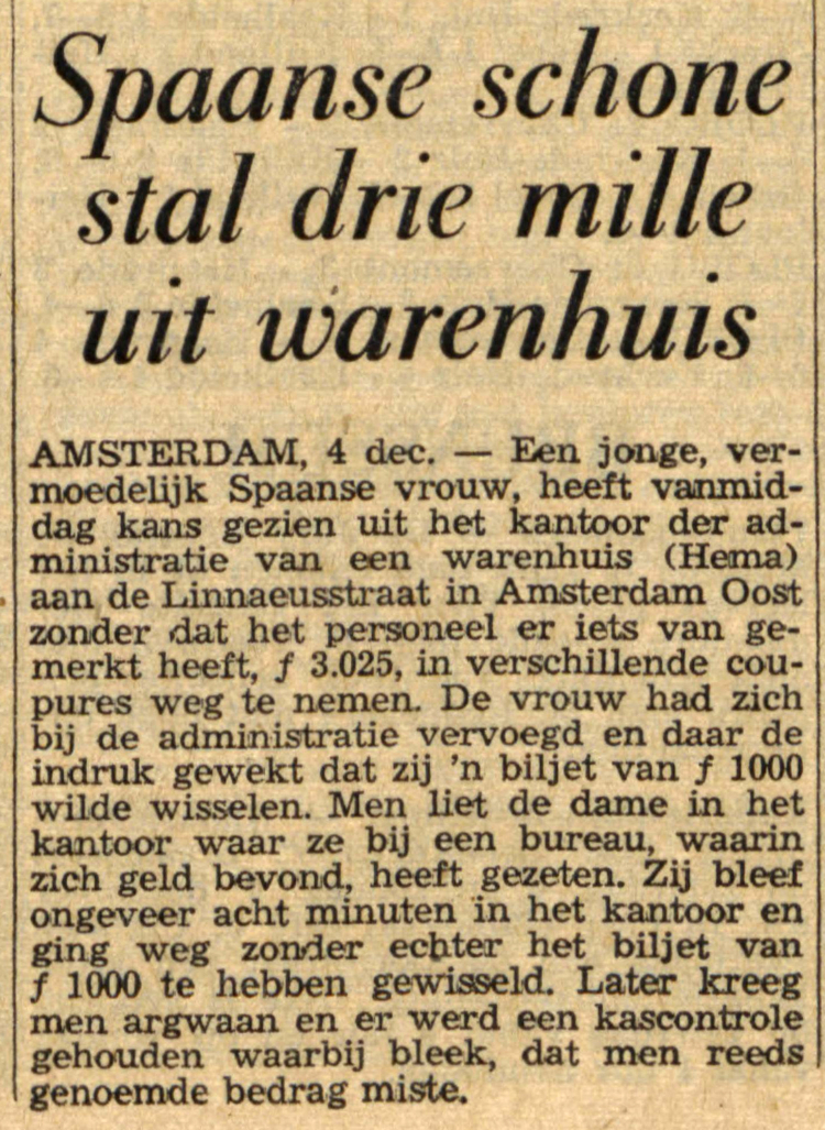 05 december 1962 - Spaanse schone stal drie mille uit warenhuis  