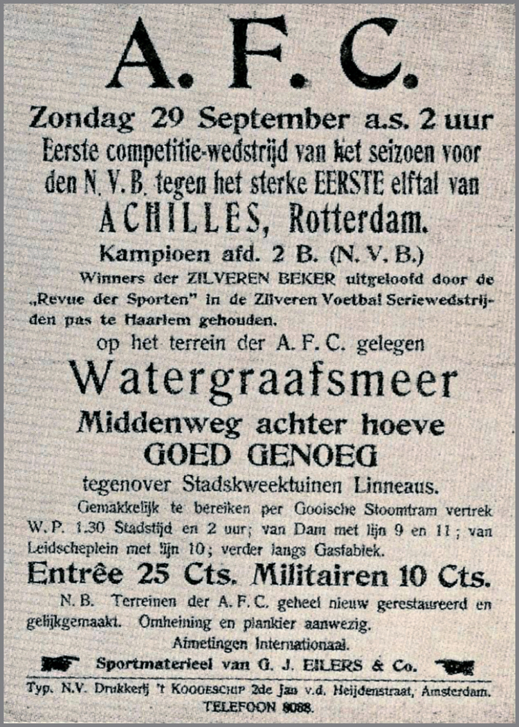 Affiche voor een voetbalwedstrijd op 29 september 1907 op het terrein aan de Middenweg.  