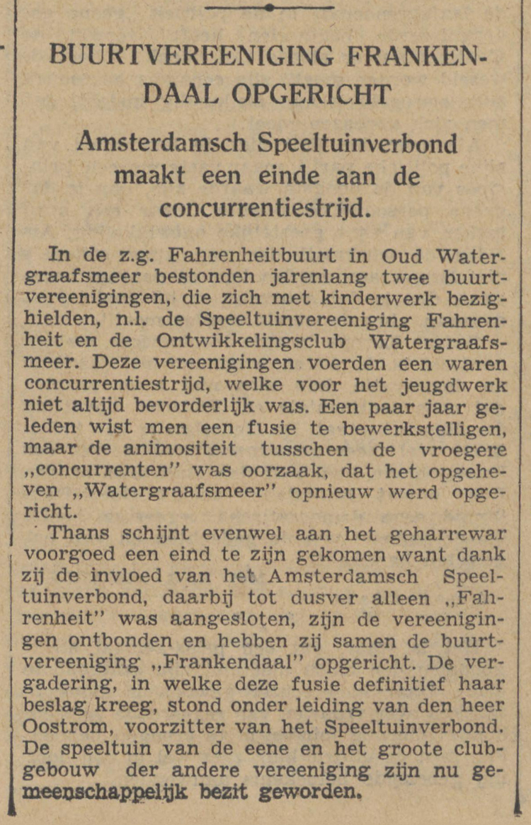 07 juli 1938 - Amsterdamsch Speeltuinverbond maakt een eind aan de concurrentiestrijd  