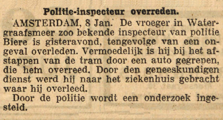 08 januari 1925 - Politie inspecteur Biere overreden  