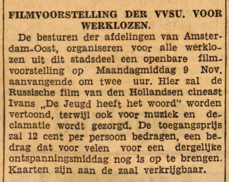 09 november 1936 - Filmvoorstelling der VVSU voor werklozen  