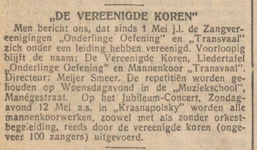 "De Vereenigde Koren". Meijer wordt directeur van een aantal gefuseerde koren. Bron: NIW van 10 mei 1935, historische kranten (KB). 