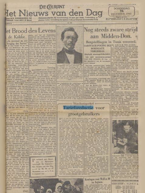 "De Courant'. Voorpagina van de Courant Het Nieuws van den Dag van 24 december 1942.<br />Bron: Historische Kranten, KB. 