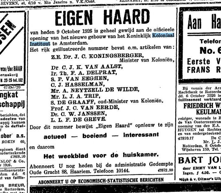 Aankondiging van de officiële opening van het Koloniaal Instituut. Deze advertentie is afkomstig uit de Nieuwe Rotterdamsche Krant van 9 oktober 1926.<br />Bron: Historische Kranten, Kon.Bib. 