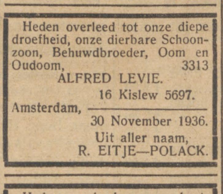 Overlijdensbericht voor Alfred Levie. Bron: Historische Kranten, KB. 