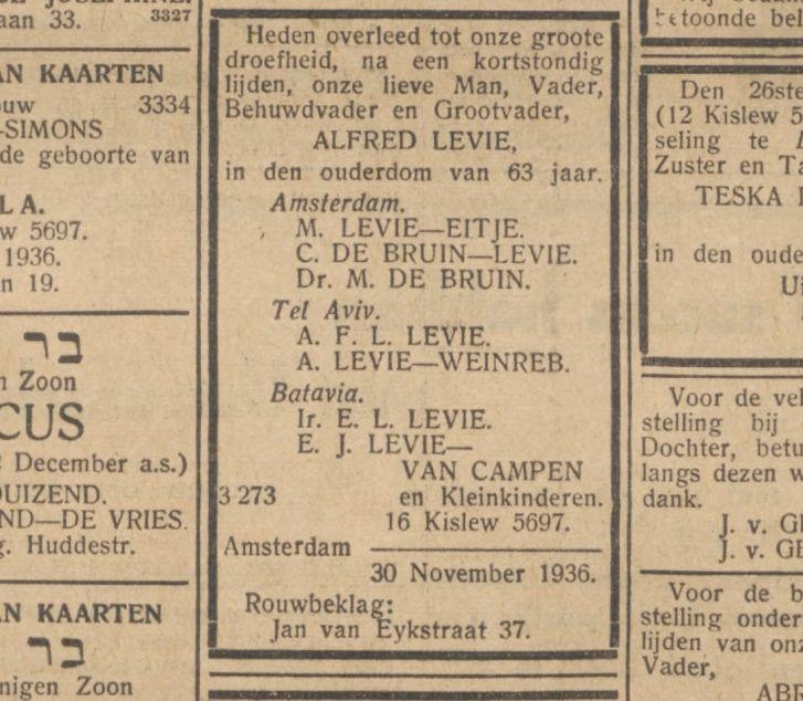 Overlijdensadvertentie voor Alfred Levie. Dit 'familiebericht komt uit het Nieuw Israëlitisch Weekblad van dec. 1936.<br />Bron: KB. Historische kranten. 