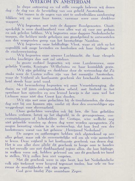 Welkom in Amsterdam. Artikel uit de krant: De Eendracht van 5 mei 1945.<br />Bron: Historische Kranten, KB. 