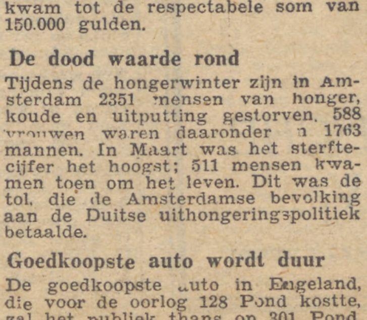 Slachtoffers van de Hongerwinter in Amsterdam. De titel spreekt voor zich.<br />Bron: De Waarheid van 24 september 1945 (Historische kranten, KB) 
