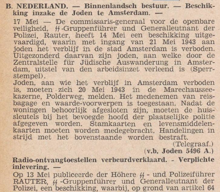 Over de razzia van 20 Mei 1943. Bron: Keesings Historisch Archief. Via: Historische Kranten, KB.<br />Oorspronkelijk uit De Telegraaf (zie onderschrift in artikel). 