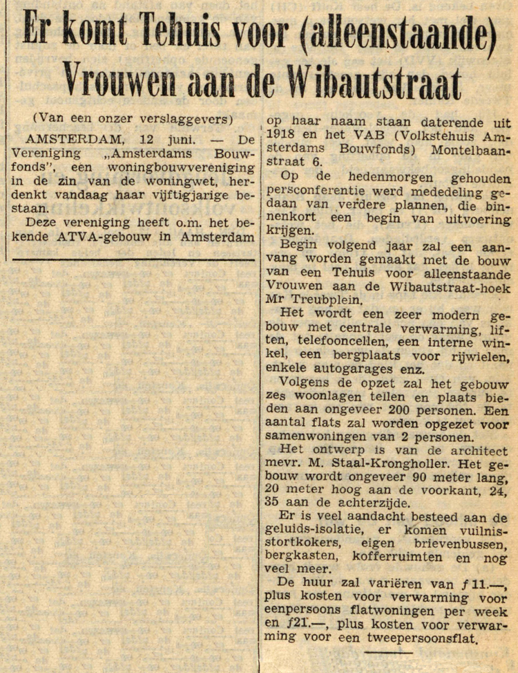 13 juni 1956 - Er komt een tehuis voor (alleenstaande) vrouwen aan de Wibautstraat  