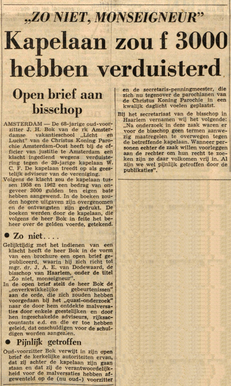 13 juli 1965 - Kapelaan zou fl 3.000,00 hebben verduisterd  