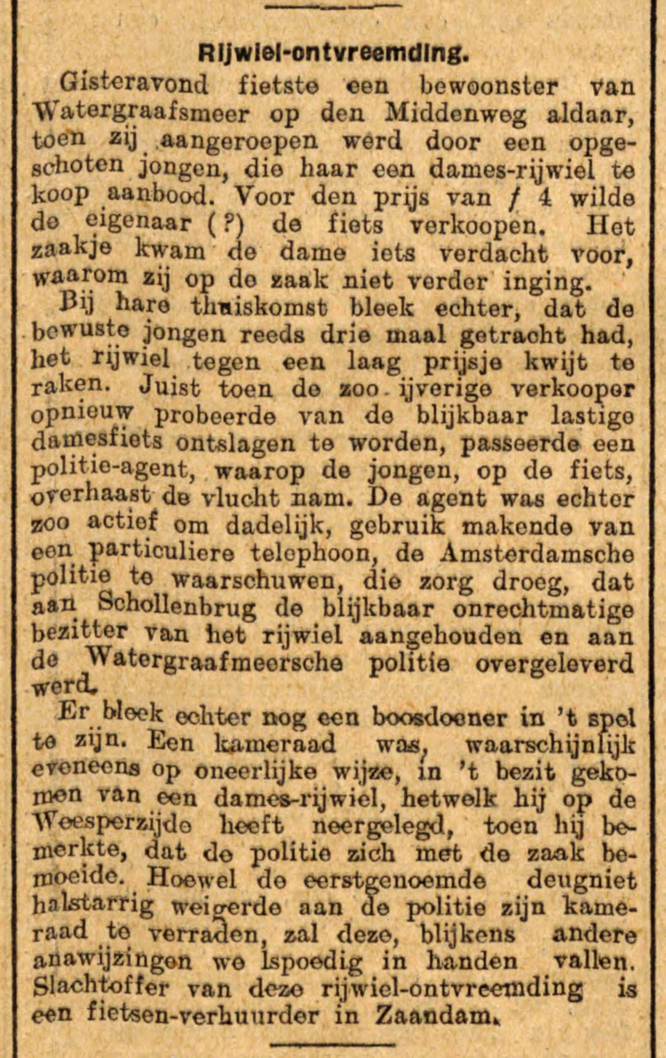 15 juli 1913 - Rijwiel-ontvreemding  