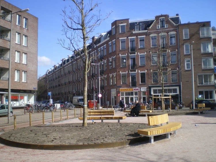 De drie bomen van het postzegelparkje in Amsterdam-Oost Foto: Hans van Onna 