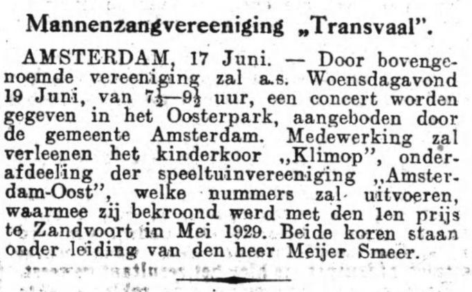 Optreden in het Oosterpark. Meijer Smeer en “Onderlinge Oefening”. Bron: NIW van 17 april 1936, historische kranten (KB). 