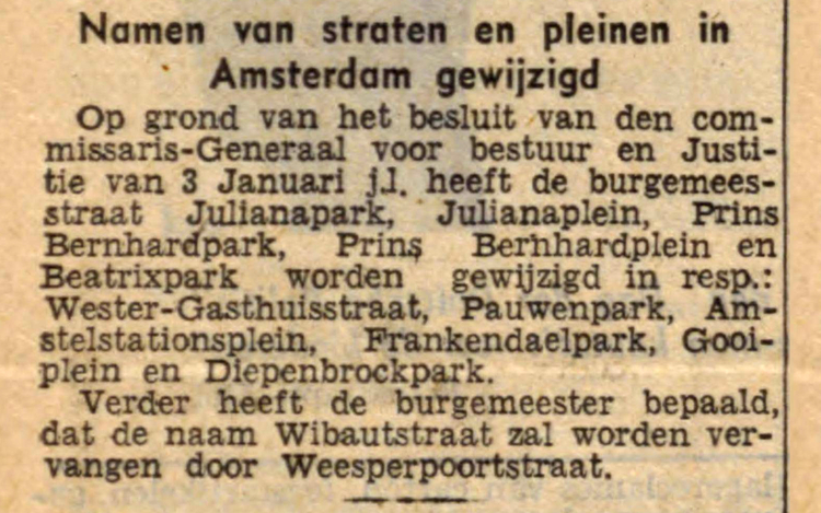 16 februari 1942 - Namen van straten en pleinen in Amsterdam gewijzigd  