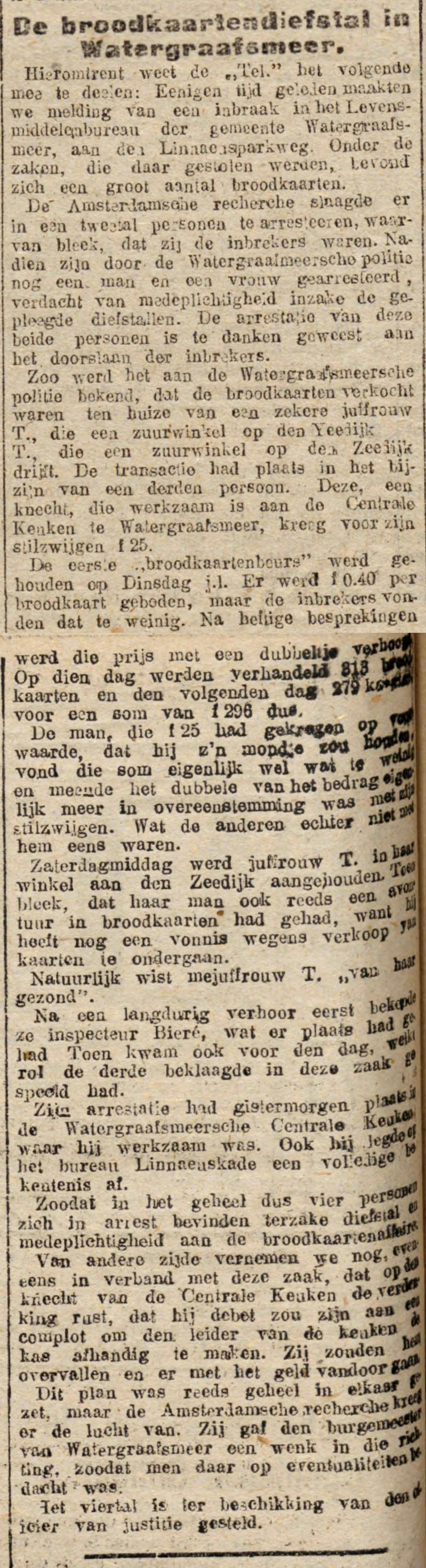 17 juli 1918 - De broodkaartendiefstal in de Watergraafsmeer.  