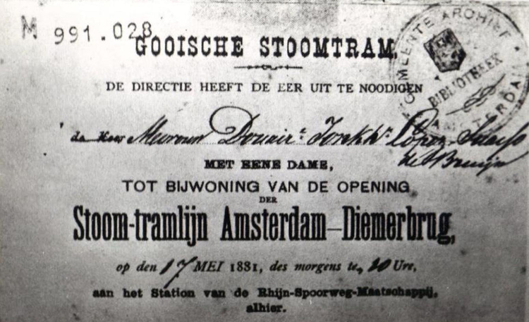 1881 17-5-1881 Gooische Stoomtram - Bijwoning Opening Stoom-tramlijn Amsterdam-Diemerbrug .<br />Bron: John Haen 