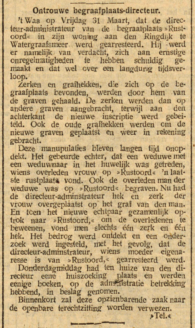 18 april 1911 - Ontrouwe begraafplaats-directeur  