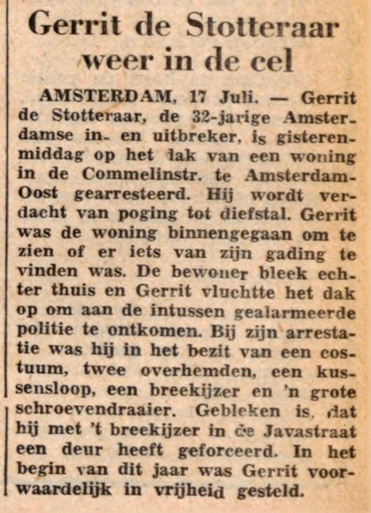 18 juli 1952 - Gerrit de Stotteraar weer in de cel  