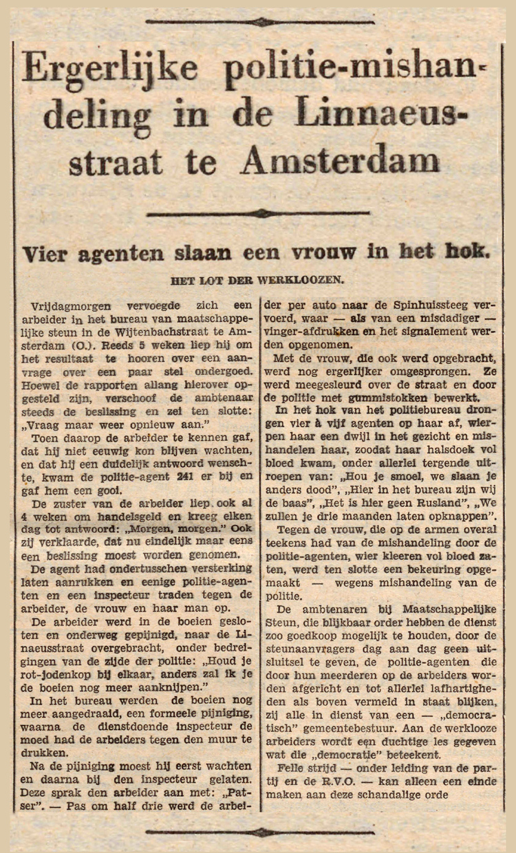 20 juli 1931 - Ergerlijke politie-mishandelingen in de Linaeusstraat te Amsterdam  
