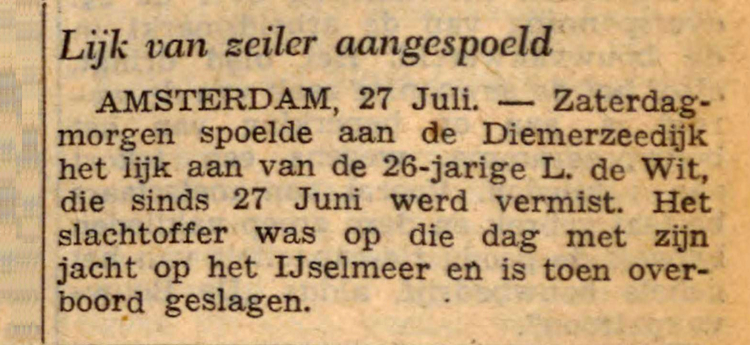 27 juli 1953 - Lijk van zeiler aangespoeld  