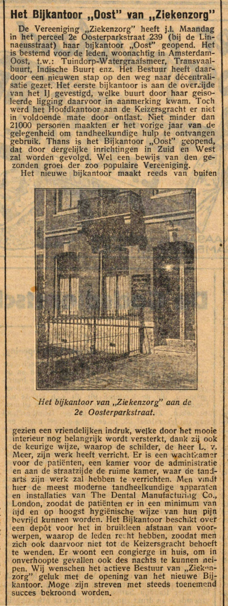 27 september 1929 - Het bijkantoor 'Oost' van 'Ziekenzorg'  