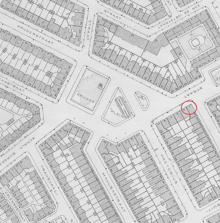 Het Krugerplein. DOW-kaart L6 van1940. Bron: Stadsarchief Amsterdam. <br />Krugerplein 1 = omcirkeld. 