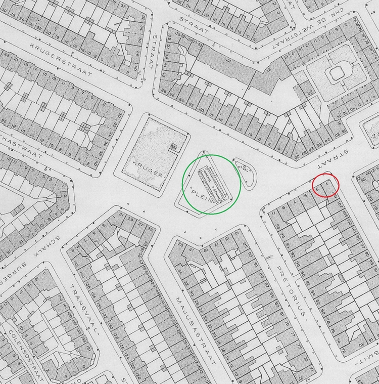 DOW L6 1940. In de groene cirkel de 'openbare schuilplaats. Bron: Stadsarchief Amsterdam. 