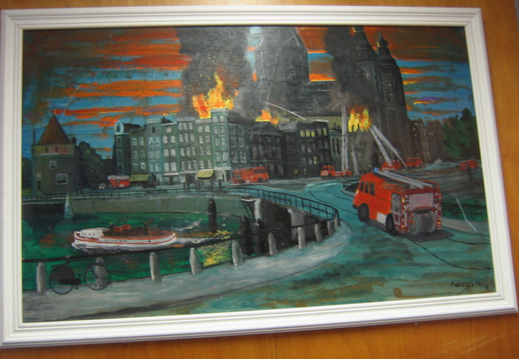  Brandweerman Frans de Vries schilderde de brand bij Vettenwinkel * vlakbij de S.Nikolaaskerk schilderij hangt op de Ringdijk 