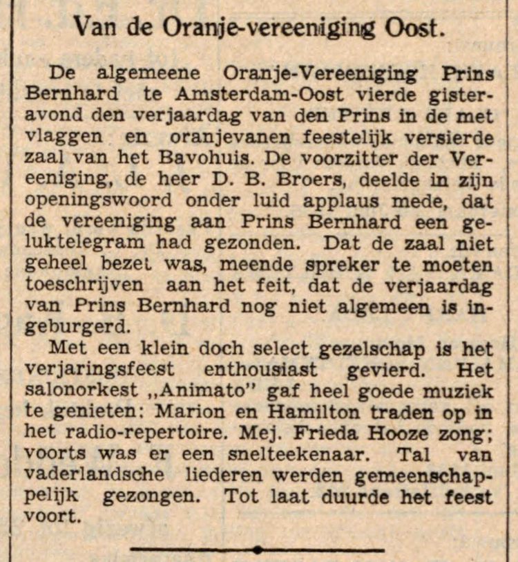 30 juni 1938 - Van de Oranje-vereeniging Oost  