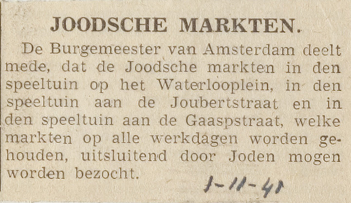 De Telegraaf, 1 november 1941  <p>Bekendmaking in een vermaard dagblad dat er speciale markten voor Joden zijn.<br />
bron: Joods Historisch Museum</p>