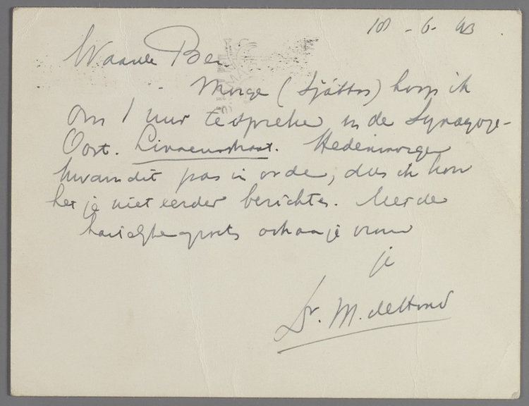 Achterzijde briefkaart. Briefkaart van Meijer de Hond met de mededeling dat hij in de synagoge in de Linnaeusstraat zal spreken, juni 1943.<br />Bron: Joods Historisch Museum. 