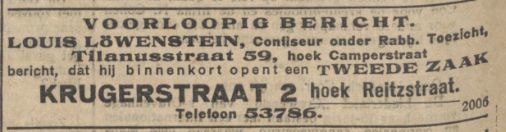 Confisseur! - Advertentie voor een ‘confiseur’ = banketbakker! Nieuw Israëlitisch weekblad van 10-08-1928. Deze winkel heeft lange tijd op dit adres gezeten. 