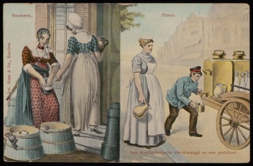 Verandering in melkbezorging Deze prentbriefkaart uit omstreeks 1920 toont melkbezorging aan huis.<br />Bron; beeldbank Gemeente Archief 