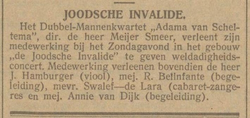 Optreden in de "Joodsche Invalide". Optreden met het koor: Adama van Scheltema. Bron: NIW van 5 maart 1926, historische kranten (KB). 