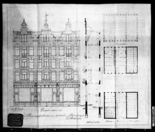 Camperstraat 62-66. Bouwtekening van drie percelen in de Camperstraat, datering 1895!<br />Bouwtekenaar en architect: J.H. Lesmeister. Bron: Beeldbank, Stadsarchief Amsterdam. 