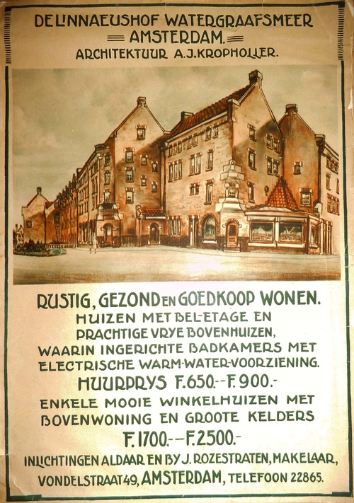 5 a Advertentie uit 1927 voor de verhuur van panden op het Linnaeushof. Uit de collectie van Ren+® van Eunen. .<br />Foto: René van Eunen 