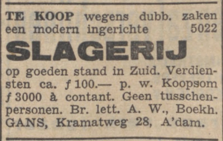 Slagerij te Koop! Bron: het Nieuw Isr. Weekblad van 03-02-1939 (via Delpher). 