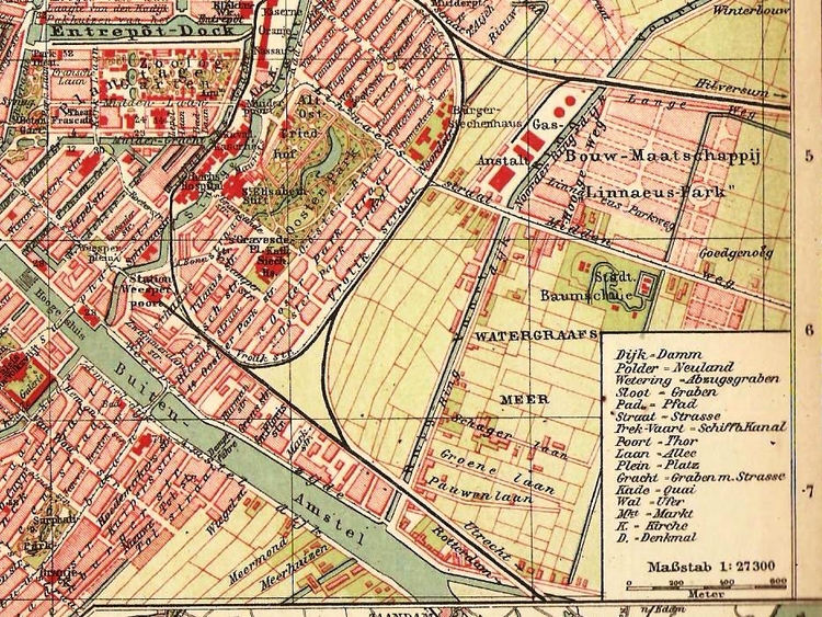 Amsterdam kaart Brockhaus Konversations Lexikon 1901 Nog een kaart van de Watergraafsmeer.<br />Kaart komt van Alwin Müller 