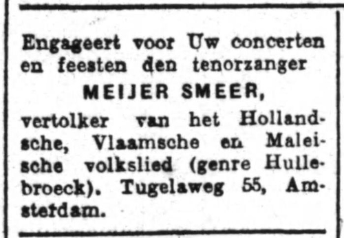 Advertentie. Meijer Smeer biedt zich aan als zanger van diverse ‘volksliedjes’. Bron: Het Volk van 28 maart 1927, historische kranten (KB). 