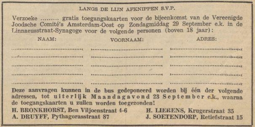 Inschrijfformulier voor de grote bijeenkomst van 29 september 1940. Bron: NIW 20 september 1940, Historische kranten, KB. 