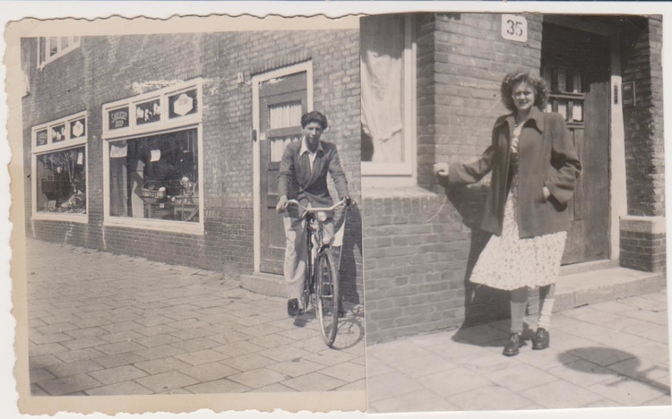 samengevoegde foto  twee foto's bij elkaar geplakt, links de buurjongen, rechts Geertje  in de Palembangstraat. Hij woonde op nummer 35, zij op nummer 55. Op de achtergrond de winkel van Boot, in huishoudelijke artikelen, waar men ook petroleum verkocht. Foto omstreeks 1950. 