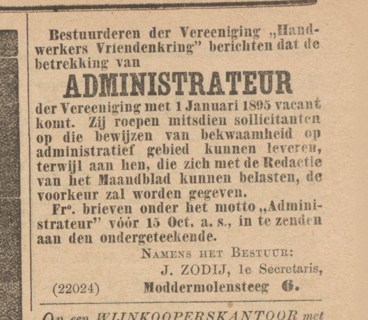 Gezocht: Administrateur! Deze advertentie uit Het Algemeen Handelsblad van 12 oktober 1894 is mede ondertekend door Jonas Zody, woonadres Moddermolensteeg 6. Bron: Historische Kranten, KB. 
