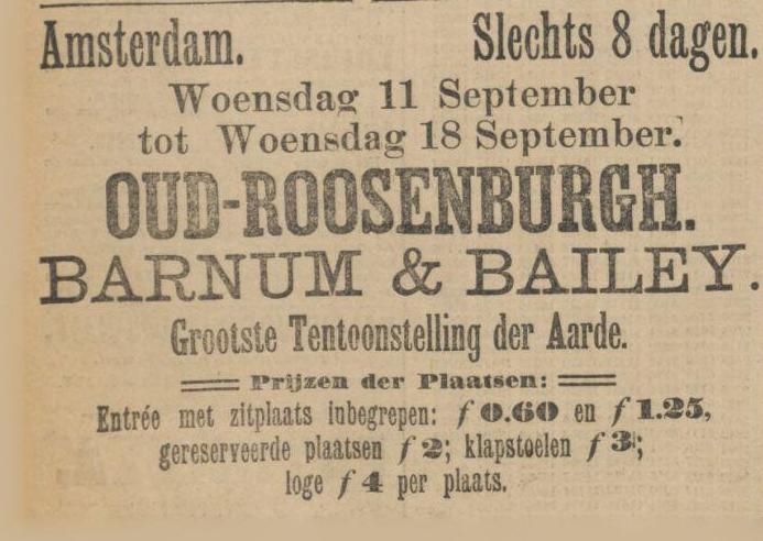 Advertentie voor Oud-Roosenburgh. Barnum & Bailey, het grote circus! Bron: Het Algemeen Handelsblad van 02-09-1901. Historische Kranten. KB. 