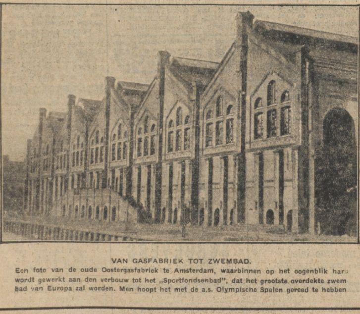 Van Gasfabriek tot Zwembad. Afkomstig uit Het Algemeen Handelsblad van 10 februari 1928.<br />Bron: Historische kranten. KB. 