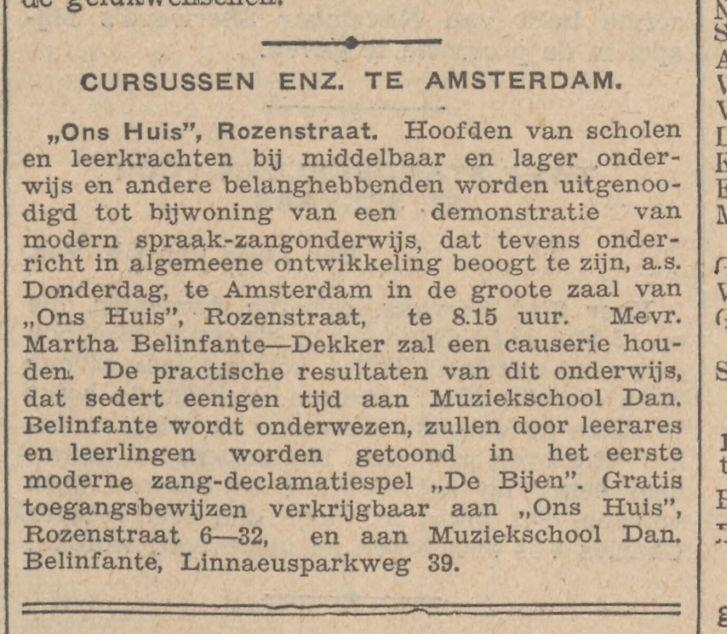 Aankondiging. In dit kleine berichtje uit het Algemeen Handelsblad van 13 oktober 1933 wordt het onderwijzend personeel uitgenodigd om een demonstratie Zang-Declamatie bij te wonen. Born: Historische kranten, KB. 