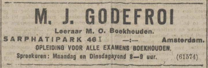 Advertentie M.J. Godefroi leraar boekhouden Uit: het Algemeen Handelsblad van 13 november 1921,  Bron: Historische Kranten KB. 